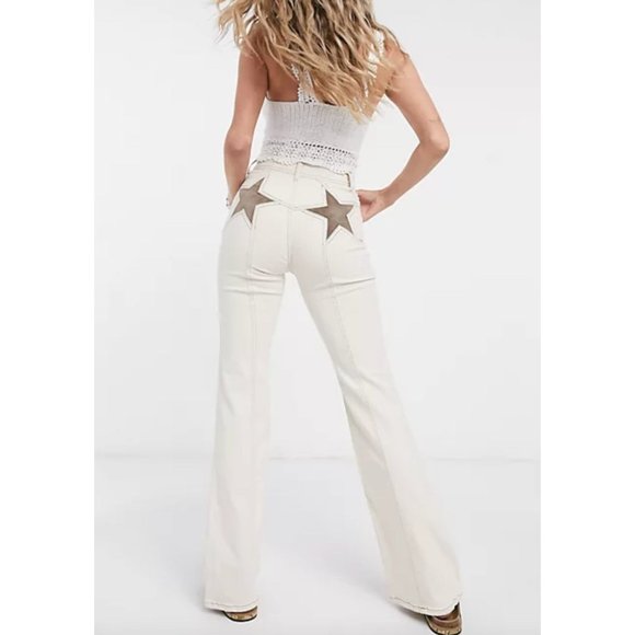 Free People Firecracker Disco Fever 70s Flare Jeans - Brown Star - Size 30 - Picture 1 of 3